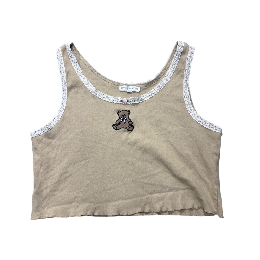 Love & Lazy Days Tank Top XL Teddy Bear Tan Lace Trim Cropped Camisole Y2K